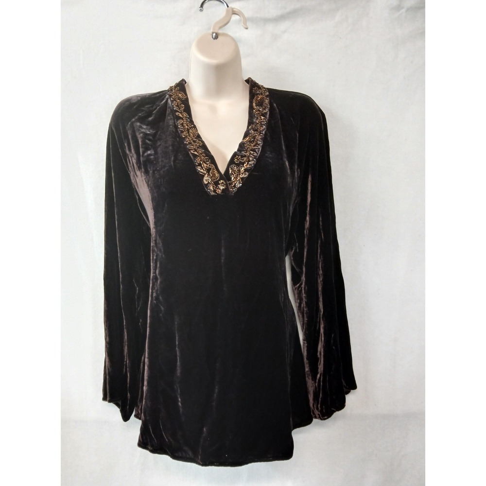 Chicos Brown Silk Blend Crushed Velvet Beaded V-Neck Tunic Top Sz M Long Sleeve